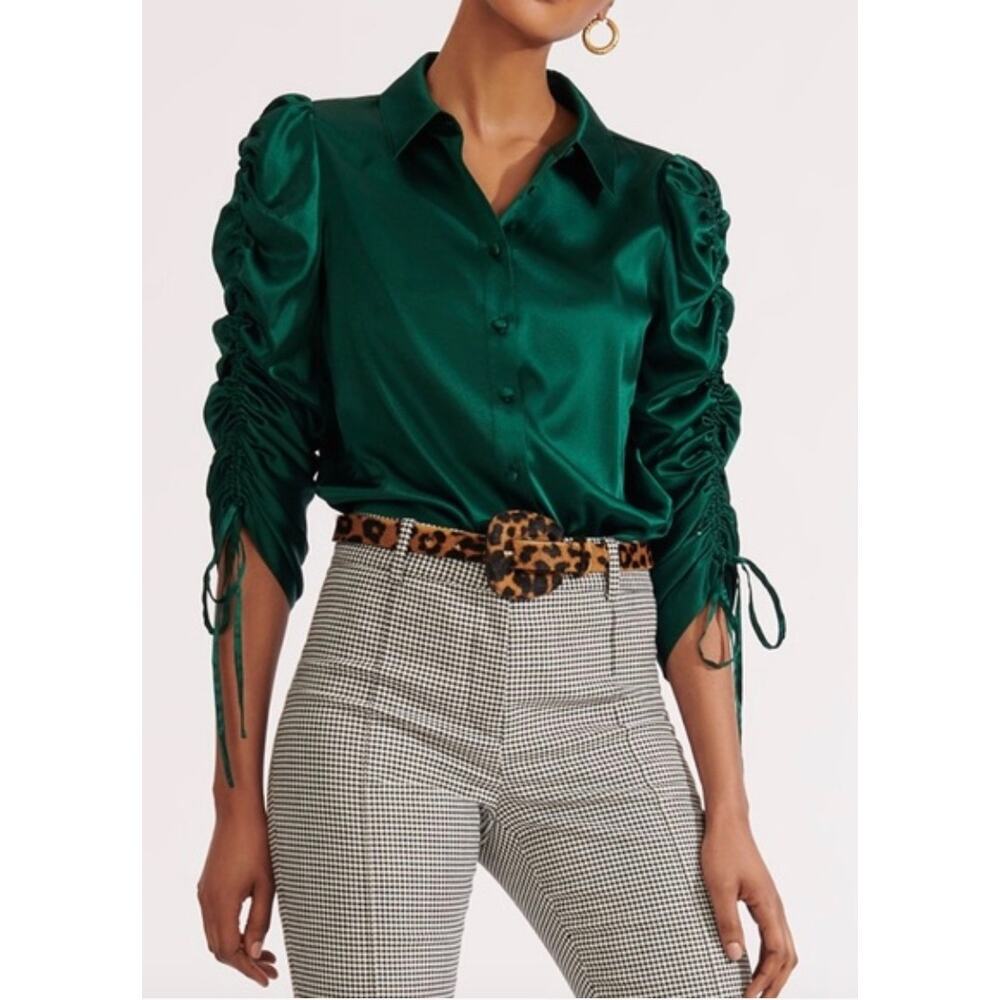 Veronica Beard Emerald Silk Ruched Sleeve Button Front Blouse Size 6